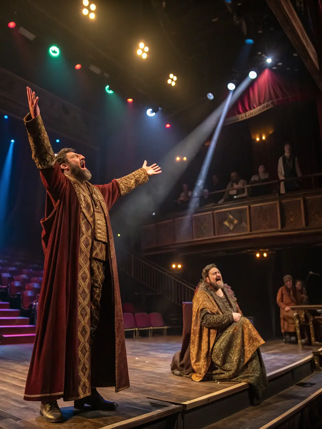 A photograph capturing a lively theater performance organized by BAS, showcasing actors in colorful costumes on stage, with an engaged audience in the background.